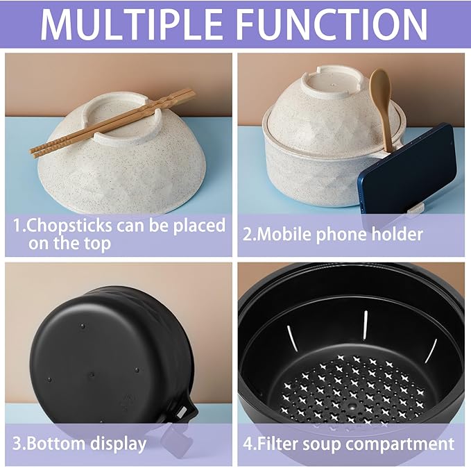 2 Sets Microwave Ramen Cooker Bowl Set with Spoon Chopsticks Fork Wheat Fiber Instant Noodle Bowl with Handles Ramen Kit for College Dorm Room Apartment Essentials