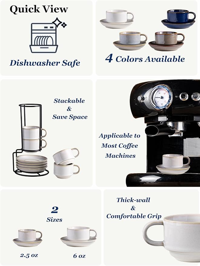 Gomakren 2.5 Ounce Espresso Cups Set of 4, Small Stackable Coffee Cups with Saucers and Metal Stand Father's Day Porcelain Demitasse Cups for Specialty Coffee Drinks, Cappuccino, Latte, White