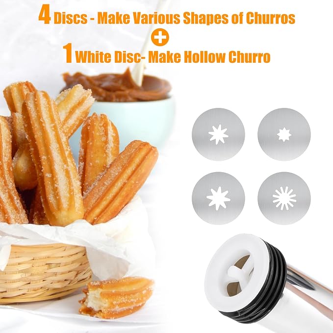 PAHTTO Churro Maker Machine, Stainless Steel Churros Gun Kit, 3-in-1 Multifunctional Cookie Press Hollow Churro with Piping Bag, 7 Piping Nozzles, 9 Cookie Discs & 2 Brushes, Easy to Clean