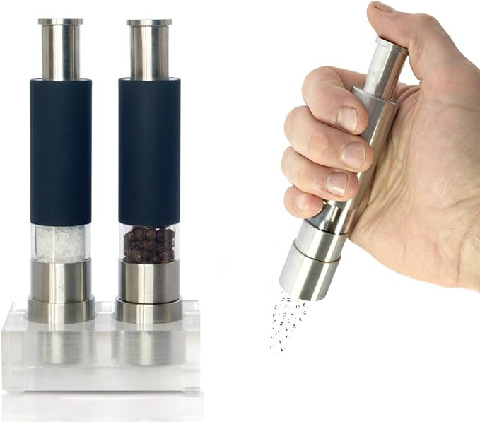 Grind Gourmet Salt and Pepper Grinder Set, Refillable, Pump & Grind, Thumb Press (Reflex Black Set)