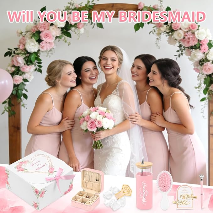 55 Pcs Bridesmaid Proposal Gifts of 6 Sets Maid of Honor Gifts Box Glass Cups Jewelry Box Scrunchies Hair Clips Pen and Invited Cards for Bachelorette Bridal Shower Wedding Party (Pink, 6 Set)