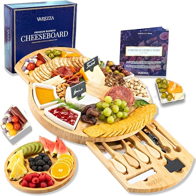 Premium Bamboo Cheese & Charcuterie Board Bundle – Extra Large 16 Inch Round Serving Board + Large Cheese Serving Set with Knife Accessories – Ideal for Entertaining, Gifting & Special Occasions