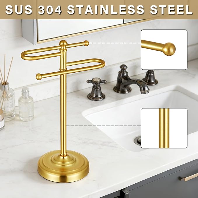 Hand Towel Stand,304 Stainless Steel Hand Towel Holder for Bathroom Kitchen Counter，14.5 Inch S-Shape Weighted Base Standing Hand Towel Rack Bar Holds 2 Towels (Gold)