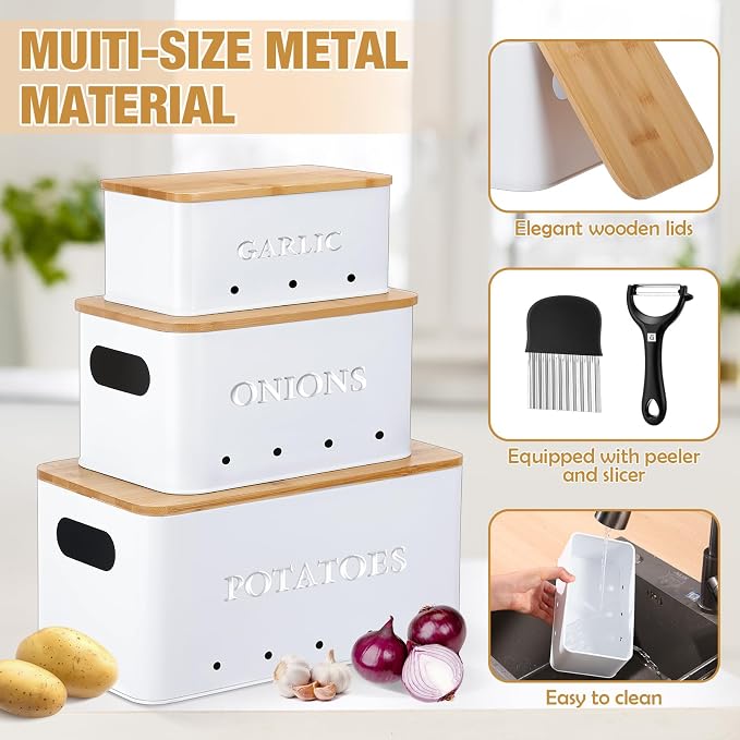 Honeydak 3 PCS White Potato Onion Garlic Storage Bins Set, Metal Vegetable Keeper Containers with Lids Aerating Holes for Kitchen Counter Pantry Keep Fresh Longer Farmhouse for Sweet-potato Fruit