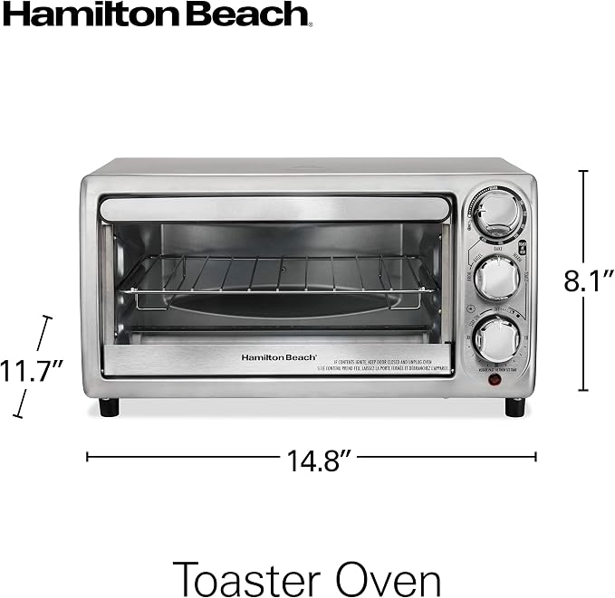 Hamilton Beach 4-Slice Toaster Oven with 5 Cooking Modes (Bake, Broil, Keep Warm Toast & Bagel) with Stay On & Auto Shutoff, 2 Rack Positions, 1100 Watts and 3 Accessories, Stainless Steel (31143)