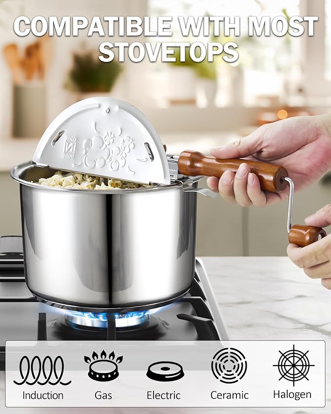 Cook N Home Stovetop Popcorn Popper with Crank, 6 Quart Stainless Steel Popcorn Pot, Silver