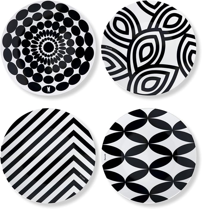 French Bull Assorted Plates - 4 Piece Set - 9 inch Melamine Salad Plates Set of 4 - Melamine Dinnerware for Indoor and Outdoor - Assorted Black and White