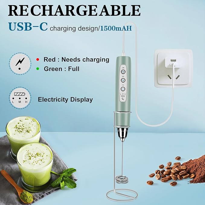 BSRGMS Milk Frother Handheld with Stand, Electric Whisk 3 Speed Adjustable, Drink Mixer with Stainless 3 Whisk, Rechargeable Hand Frother Wand, Foam Maker for Latte Cappuccino Matcha Egg Morandi Green