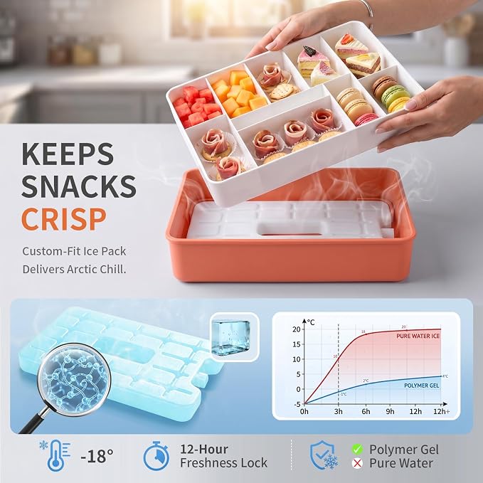 Snackle Box Container with Ice Pack, Reinforced Latches & Large Capacity, Travel Snack Box, Charcuterie Board with Lid, Divided Veggie Tray for Road Trips Picnic Boat Beach Red