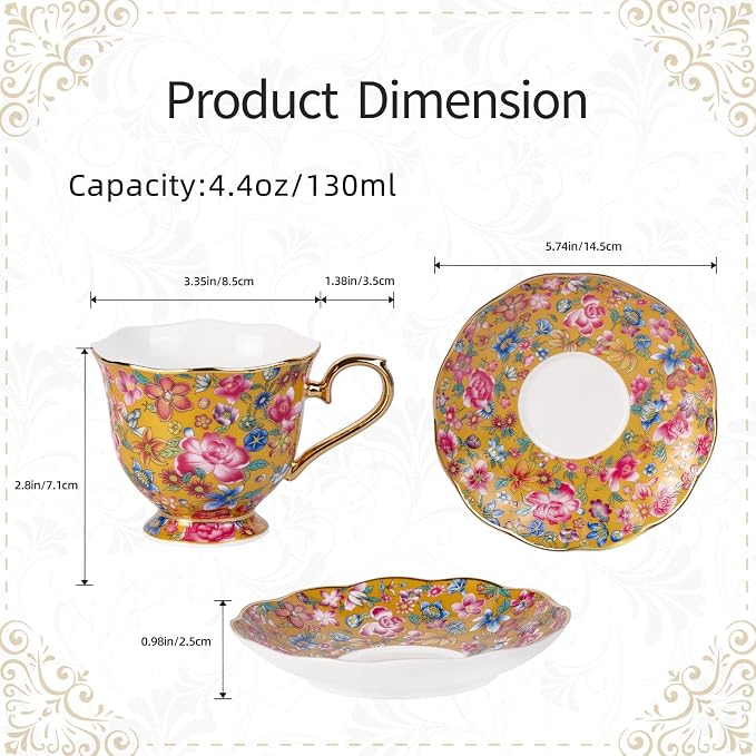 KAMMAK Tea Cups and Saucers Set of 2, Porcelain Coffee Cups, 6.3oz Stackable Espresso Mugs, Ceramic Demitasse for Coffee, Latte, Americano, Tea (643N+644N)