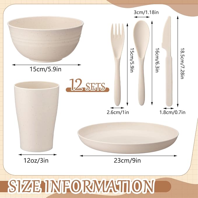 Zhehao 72 Pcs Wheat Straw Dinnerware Sets for 12 Dishwasher Microwave Safe Unbreakable Reusable Kitchen Cups, Plates, Bowls Cultery Sets for Patio, Outdoors, Rv, Camping Dishes(Beige)