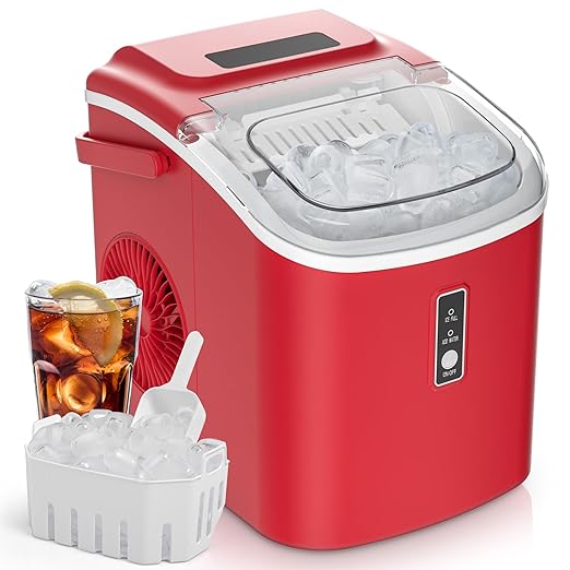 EUHOMY Countertop Ice Maker Machine with Handle, 26.5lbs Per Day, 9 Cubes in 6 Mins, Auto-Cleaning Portable Ice Maker with Basket and Scoop, for Home/Kitchen/Camping/RV (Red)