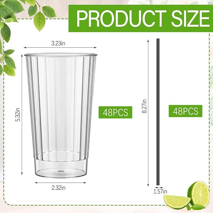 Plastic Highball Glasses with Straws(set of 48), 16 oz Shatterproof Drinking Cups, Tall Whiskey Collins Ribbed Cup, Smoothie Tumbler Mojito Cocktail Cup for Wedding Spring Summer Party