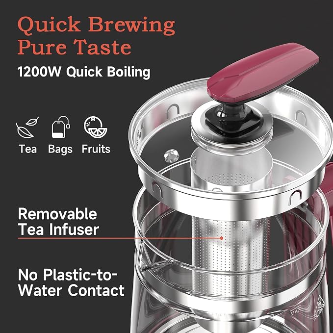 Hot Tea Maker Glass Electric Kettle With Tea Infuser And Temperature Control, 1.5L Stainless Steel, 1200W Rapid Boiling, Programmable Control For Your Favorite Teas And Coffee, Red