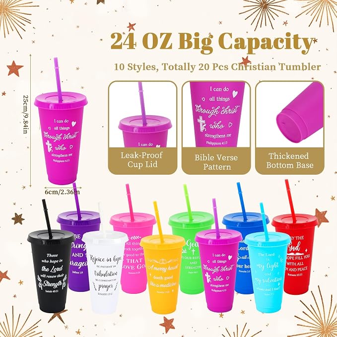 150Pcs/20 Set Christian Church Gifts Bulk for Women Men Include 24OZ Plastic Bible Verse Cups with Religious Notebooks Pens Bracelets, Voluteers Christian Religious Gifts for Mother Father's Day