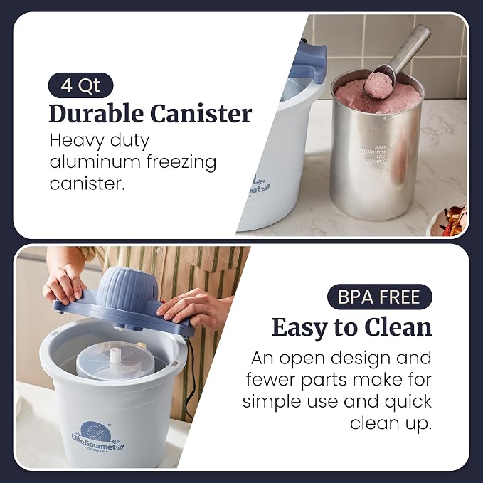 Elite Gourmet 4Qt Electric Ice Cream Maker EIM350X Delicious Homemade Ice Cream, Gelato, Sorbet, Frozen Yogurt, 4Qt Aluminum Freezing Cannister, Durable Plastic Ice Bucket, Powerful 50W, Periwinkle