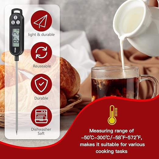 Copkim 6 Pcs Meat Food Thermometer Food with Probe Water Liquid Instant Read Digital Thermometer Kitchen Cooking Supplies for Cooking BBQ Milk Yogurt (Black,White,Red)