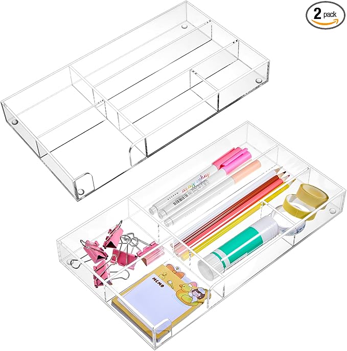 Briwooody 2 Pcs Clear Acrylic Desk Drawer Organizer 11 x 6 x 1.38 Inch Drawer Organizer Trays with 6 Compartments Desk Accessories for Office Makeup Silverware Bathroom