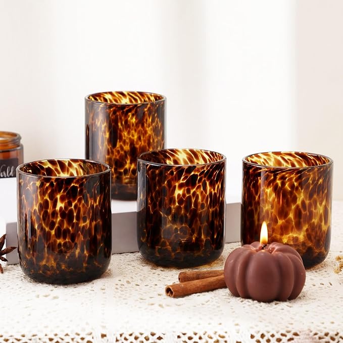 Honeydak Set of 4 Tortoise Leopard Print Glasses Brown Rocks Glasses Stylish Stemless Cocktail Cups Glass Glassware Tumbler Ideal for Gin, Tequila, Vodka, Soft Drinks