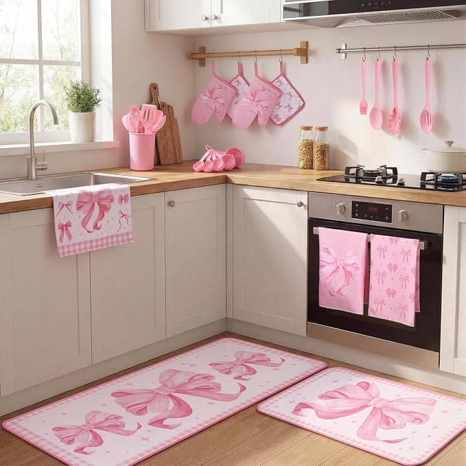 Fourluoo 30 Pcs Pink Bow Kitchen Decor and Utensils Set Pink Kitchen Towels and Rugs Oven Mitts and Pot Holders Non Toxic Silicone Utensils Set Heat Resistant Dishwasher for Women Mom Gift Cooking