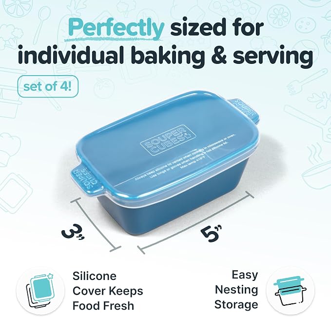 Souper Cubes Ceramic Baking Dishes - 5" x 3" Individual Baking Dishes for Oven with Silicone Lids, Oven, Microwave and Air Fryer Safe, Perfect for Reheating Single Serve Meals, Set of 4 - Blueberry