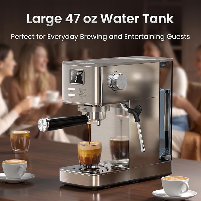 Electactic Semi-Automatic Espresso Machine, 20 Bar Stainless Steel Espresso Machine with Pressure Gauge, Steam Milk Frother, Hot Water Function, Removable Water Tank & Cup Warmer