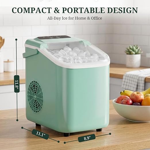 Ice Maker Countertop, Portable Ice Machine with Handle, Basket & Scoop, 26Lbs/24Hrs, 9 Bullet Ice Cubes Ready in 6–8 Mins, 2 Ice Sizes, Self-Cleaning, Quiet Compact for Home Kitchen Office RV Camping