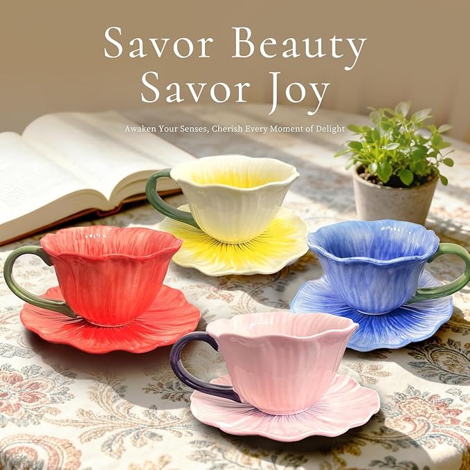 ONEUSTAR Tea Cups and Saucers 10 oz Ceramic Flower Shaped Tea Cup and Saucer Set Cappuccino Cup Latte Cup for Mother's Day Thanksgiving Wedding Gift, Purple