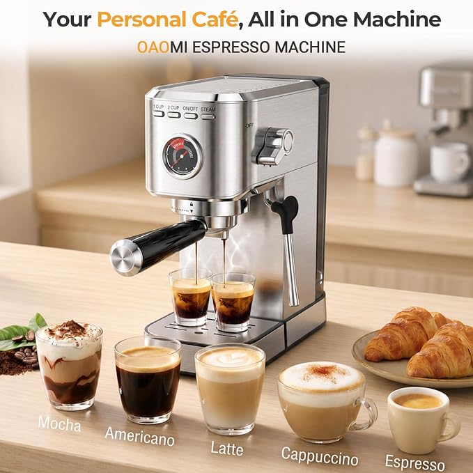 Oaomi Espresso Machine 20 Bar, Compact Expresso Coffee Machines with Milk Frother,Stainless Steel Espresso Maker with 39oz Removable Water Tank for Latte Cappuccino etc (Silver)