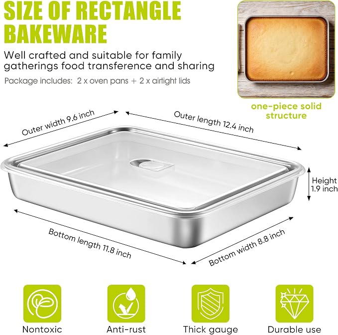 E-far Lasagna Pans with Lids, Stainless Steel Rectangular Cake Baking Pan w/Cover, 12⅓x9¾x2" Brownie Casserole Oven Tray Sheet, Heavy Duty Metal Bakeware, Anti-Rust & Dishwasher Safe, Set of 2