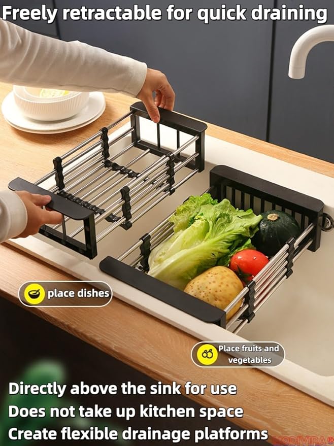 Kitchen Sink Drain Basket Adjustable Over Dish Drying Rack Stainless Steel Drain Basket for Vegetables Fruits Plates Fruits (Silver,Small)