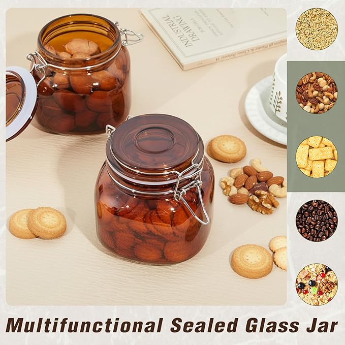 Norme 6 Pack 25oz Amber Airtight Glass Jars with Lids, Square Food Storage Container Airtight Food Wire Clip Fastening for Sauerkraut Flour Kitchen Sugar Cereal Kitchen Canning Pickling Mason Jars