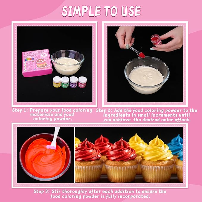 Food Coloring Powder - 16 Colors Vibrant Powdered Food Coloring, Concentrated Edible Dye Powder for Baking, Icing, Cooking, Cake Decorating, Cookies, Frosting - 5g/Bottle