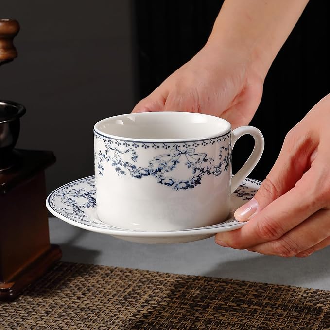 fanquare 8 oz Blue Floral Coffee Cup and Saucer Set, Hand-Printed Bow Flower Procelain Tea Cups for Espresso Latte Cappuccino Home Tea Party Gifting