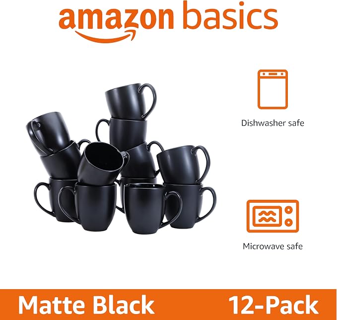 Amazon Basics 12-Pack Matte Black Ceramic Coffee Mug, 16 ounces, Microwave and Dishwasher Safe, Stoneware, Commercial-Grade