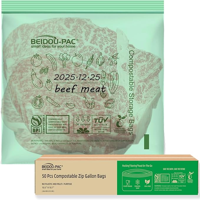 BEIDOU-PAC Compostable Gallon Food Storage Freezer Bags, 50 Count | 2 Mil | 10.5" * 10.7", Freshness Easy Open Biodegradable, Eco-Friendly Reclosable Compost Zippper Bags