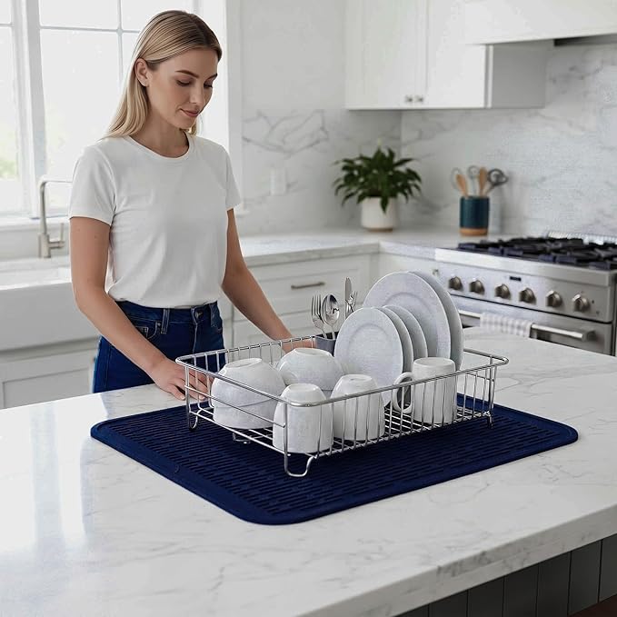 MicoYang Silicone Dish Drying Mat for Multiple Usage,Easy clean,Eco-friendly,Heat-resistant Silicone Mat for Kitchen Counter or Sink,Refrigerator or Drawer Liner Navy Blue 2XL 24 inches x 18 inches