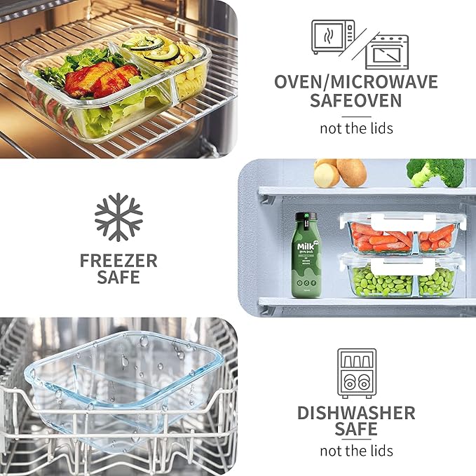 KOMUEE 10 Packs 30oz Glass Meal Prep Containers 2 Compartments,Glass Food Storage Containers with Lids,Airtight Lunch Bento Boxes,Oven,Freezer and Dishwasher Safe, White