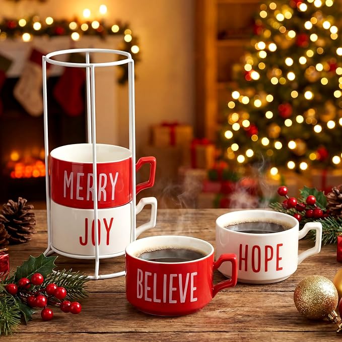 Sliner Set of 4 10 oz Christmas Stackable Large Coffee Mugs with Rack Porcelain Coffee Cups Ceramic Coffee Cup Set with Metal Stand Christmas Theme Coffee Mug for Espresso Tea Cocoa, Red White