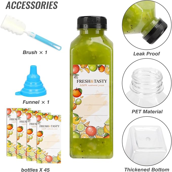 TOMNK 45pcs Juice Bottles with Lids, 16oz Reusable Plastic Juice Bottles with Caps and Labels, Funnel, Brush Beverage Containers for Juicing, Smoothies, Tea, Milk