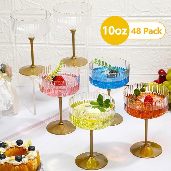 Jingmore Ribbed Martini Glasses 10 oz Disposable Plastic Vintage Ribbed Coupe Glasses with Gold Rim Cocktail Unbreakable Dessert Parfait Glassware for Wedding Party Supplies (Gold,48 Pcs)