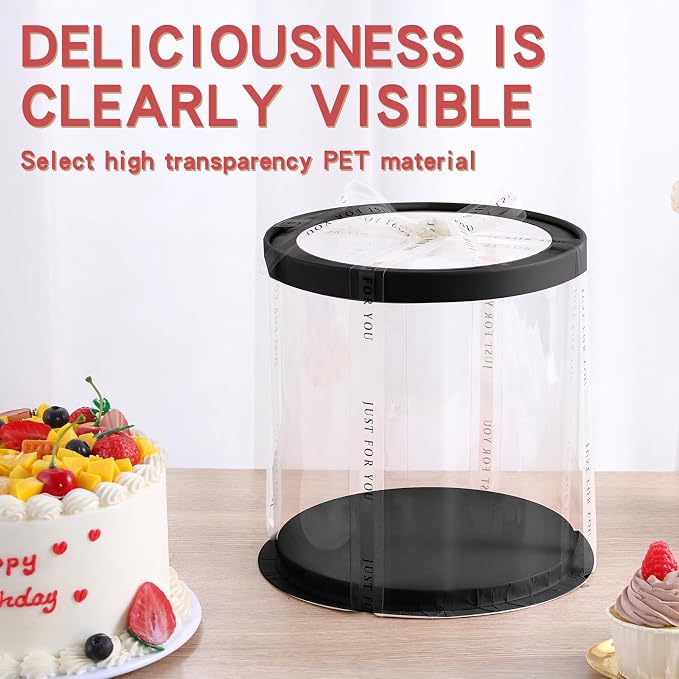 JCD 6Pcs 8.5 * 9.5inch Round clear cake boxes with Ribbon,Ideal for 7inch and 6inch Tall Layer Tiered Cakes,Multi-Layer cake boxes for Christmas Bakery Treat (Black, Round 8.5inch/6pcs)