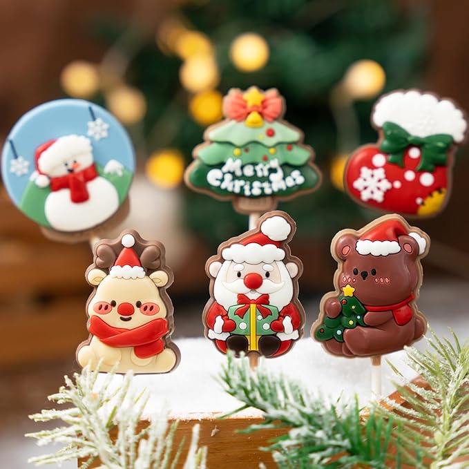 KALAIEN 4 Pack Christmas Lollipop Molds Set, Christmas Silicone Molds Candy Gummy Mold for Chocolate with 100pcs Lollypop Sucker Sticks