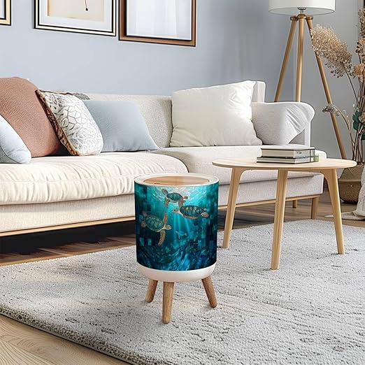 Trash Can with Lid Teal Blue Stained Glass Sea Turtle Underwater Canvas Art Press Top Round Small Garbage Bin with Wooden Legs Waste Basket for Kitchen Bedroom Nursery 7L/1.8 Gallon