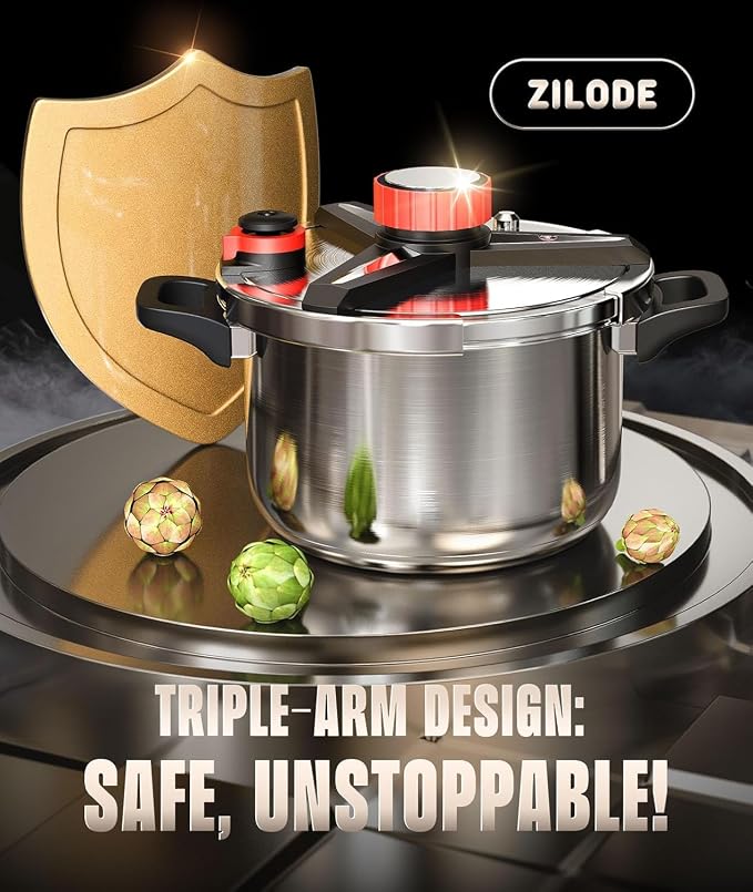 Pressure Cooker 6.3QT, [Save 70% Cooking Time] Stainless Steel Pressure Canner with Triple-Layer Steel Body [One Hand Operation] Rotating Lock/Unlocking Lid System Steam Rack Included Olla De Presion