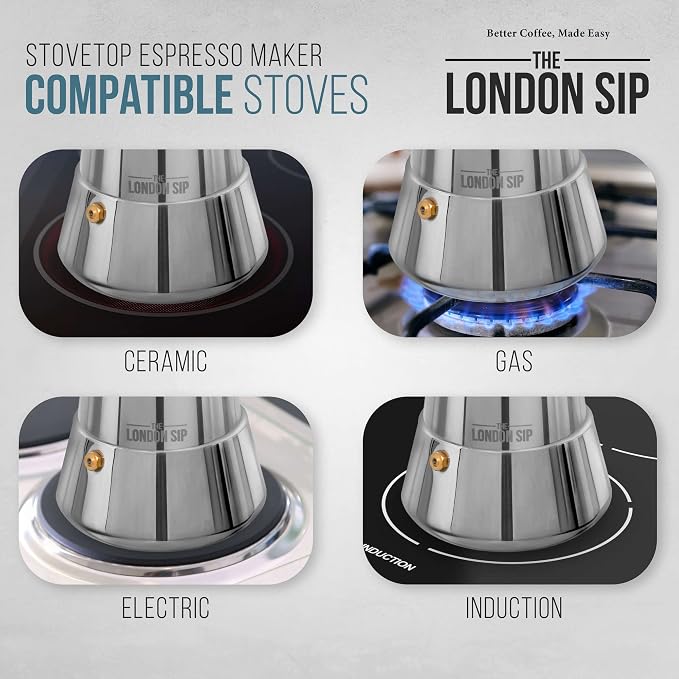 London Sip Stainless Steel Stovetop Espresso Maker Moka Pot Italian Coffee Percolator, Silver, 3 Espresso Cups