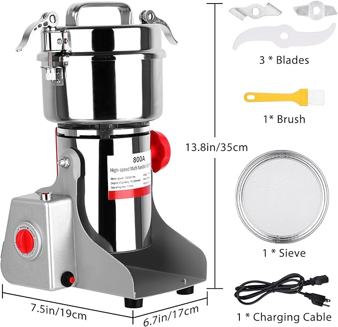 Electric Grain Mill Grinder, 800g Stainless Steel Grain Mill, 3000W High Speed Commercial Grinder Machine, Pulverizer Spice Herb for Dry Grains Cereals Coffee Corn Pepper, Swing Type