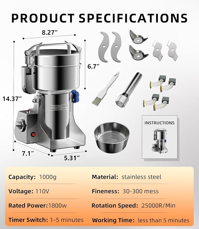 Electric Grain Mill 1000g, Flour Grinder Mill Stainless Steel for Home, Counter Grain Grinder for Wheat, Rice, Wheat Berry, Corn, Herbs, Spices