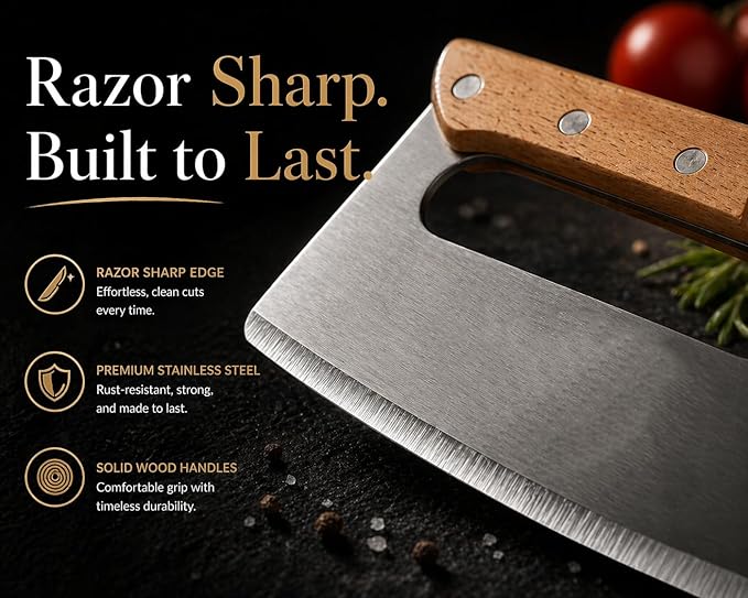 Personalized Pizza Cutter Rocker Knife 14” – No Dragging, Clean Cuts Every Time, Heavy Duty Stainless Steel Blade with Wood Handles, Professional Mezzaluna Pizza Slicer
