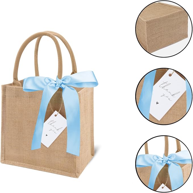 6 Pack Burlap Tote Bags with Handles Reusable Mini Jute Gift Bags with Blue Silk Ribbons Waterproof Lining for Wedding Bridesmaid Mother's Day Bachelorette Beach Party